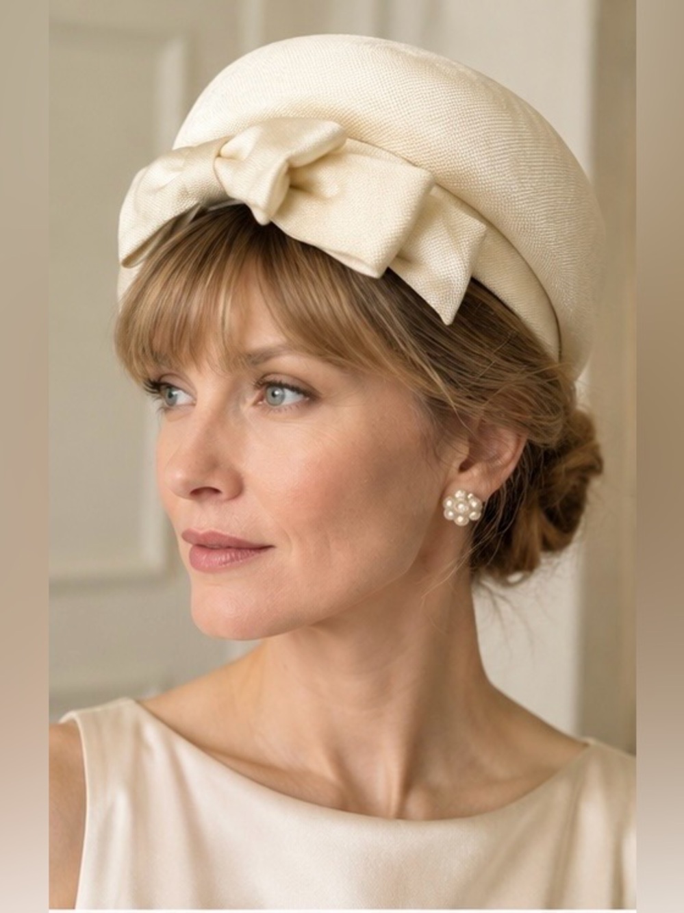 Vintage Lillian Daché Pillbox Hat Ivory Satin Bow Audrey Hepburn Style 1960's - Picture 2 of 12